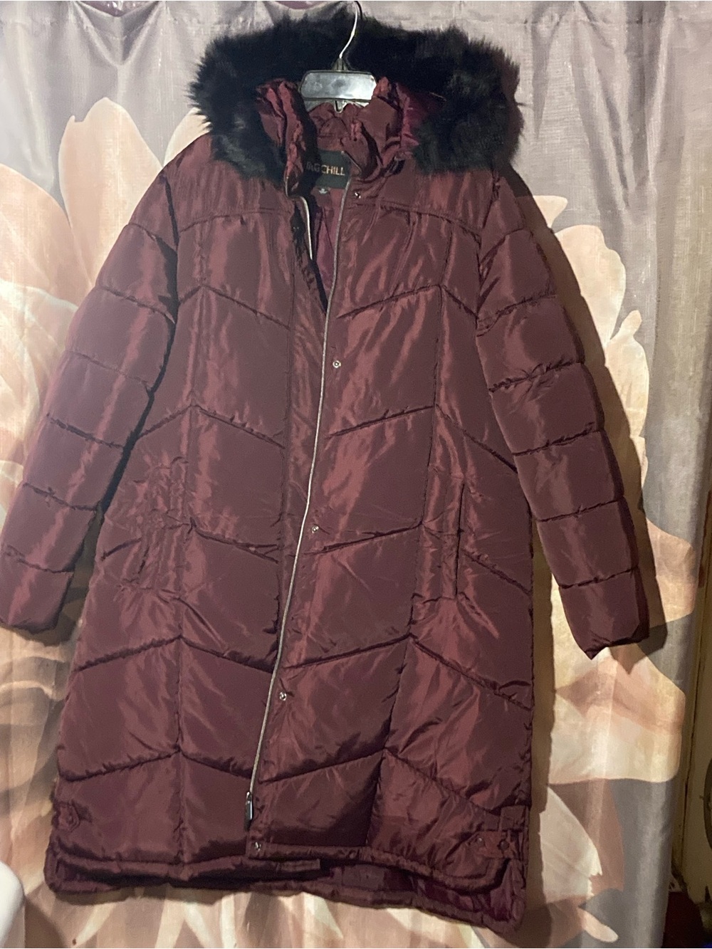 Big Chill Long Quilted Puffer Coat with Faux-Fur Trim - Burgundy Size 1X
